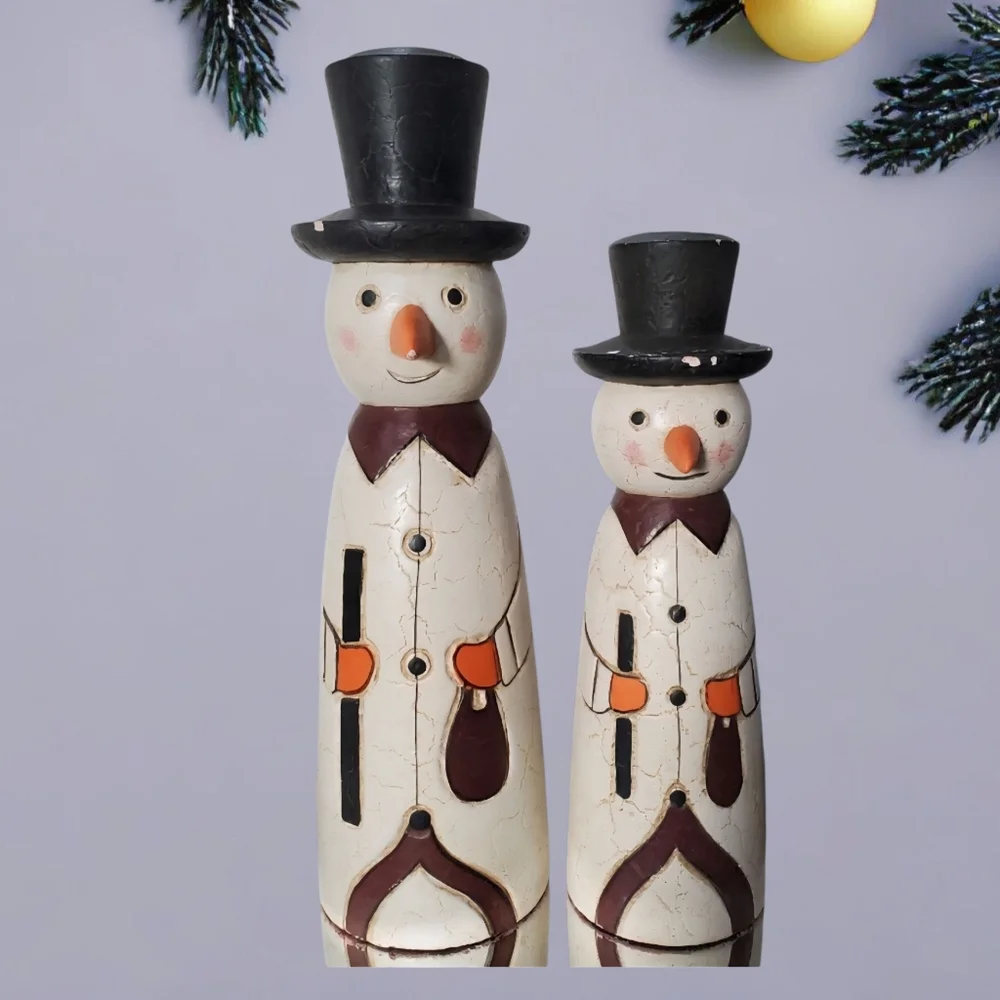 Erzgebirge Style Wood Snowman Pair ⛄️⛄️ Germany Vintage Distressed L👀K